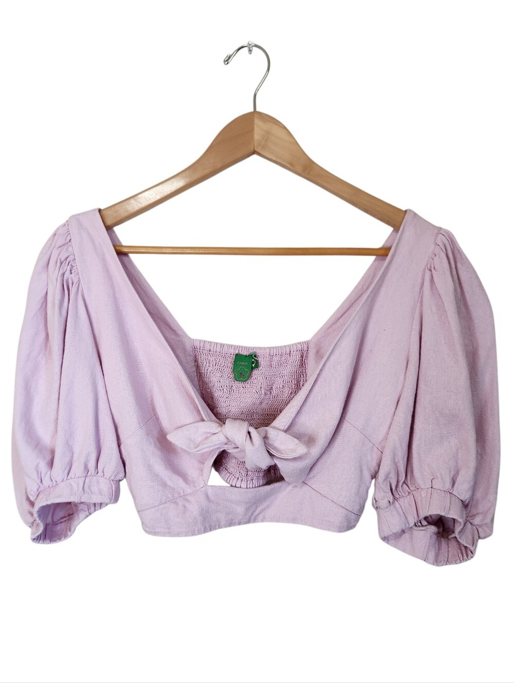 FARM Rio Linen Blend Pink Crop Tie Top With Puff Sleeves Size P (Small)